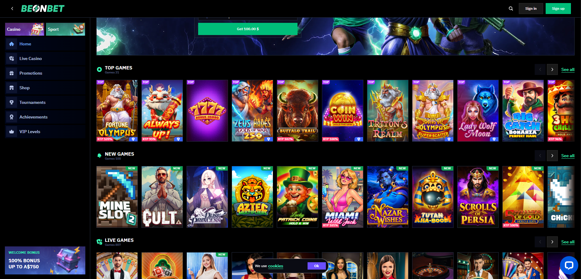BeonBet Casino Startseite mit Spielen